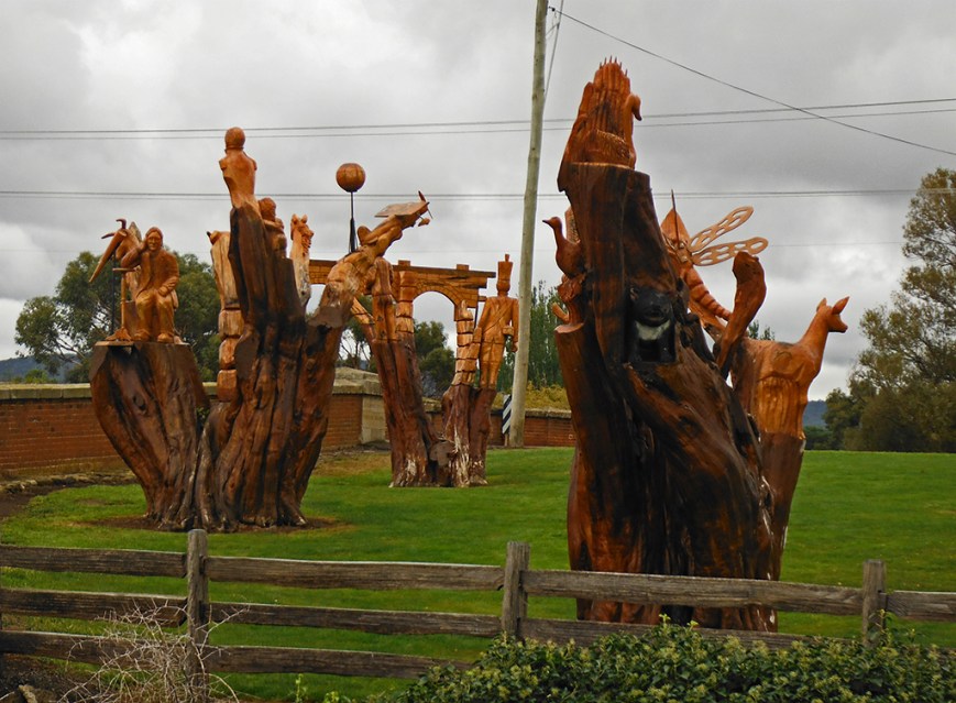 Beautiful wood carvings at the The Red Bridge, Campbell Town